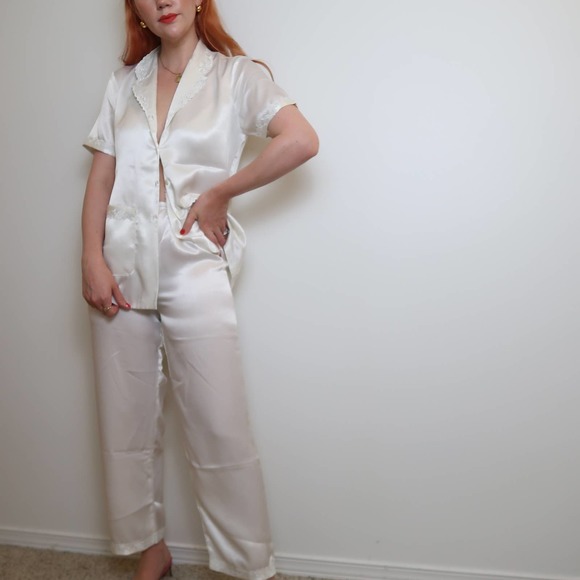 Vintage Other - Vintage 80s cream satin top pants pajama set S/M